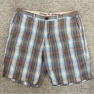 Tommy Bahama Linen Blend Blue/Tan‎ Plaid Golf Travel Chino Shorts Men's Size 35